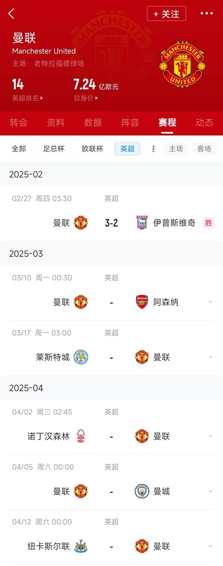  藍狐救一下？曼聯(lián)未來5輪將遭遇英超2/3/4/6名：槍手森林曼城紐卡