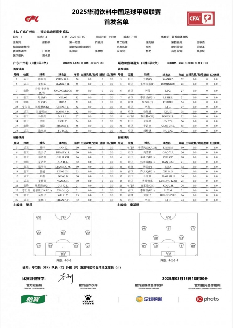  廣州豹vs延邊龍鼎首發(fā)：卡洛斯、羅薩、尼康三外援領(lǐng)銜廣州豹