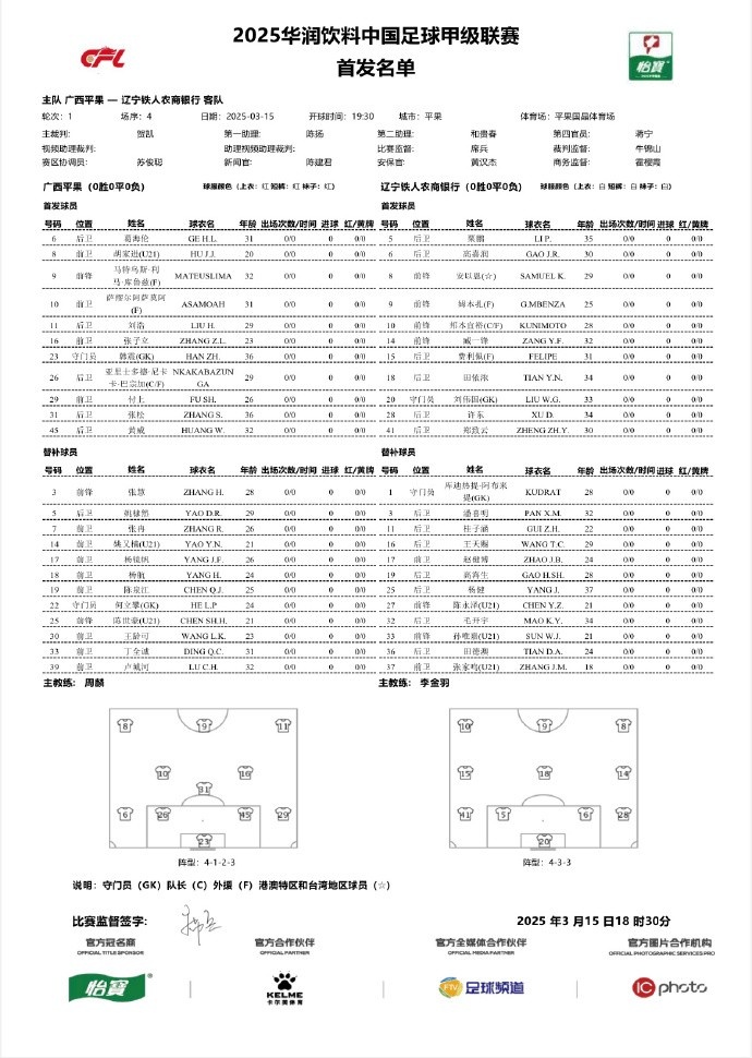  中甲-廣西平果vs遼寧鐵人首發(fā)：三外援對決三外援，安以恩出戰(zhàn)